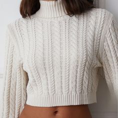 Questions? Leave A Comment Below! Winter White Chunky Knit Turtleneck, Fitted Chunky Knit Turtleneck Top, Fitted Chunky Knit Winter Tops, Fitted Chunky Knit Top For Winter, Cozy Fitted Cable Knit Cropped Sweater, Fitted Cozy Cable Knit Cropped Sweater, Fitted Knitted Turtleneck Cropped Sweater, Fitted Cable Knit Cropped Sweater, Fitted Chunky Knit Sweater In Winter White