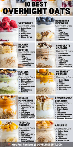 Healthy overnight oats recipes for beginners. Make overnight oats in a jar or bowl with these easy overnight oats recipes. Vegan overnight oats. 10 recipes: healthy chocolate, blueberry, banana peanut butter, matcha protein, mango, raspberry, apple pie, passion fruit, pumpkin pie. Delicious best overnight oats recipe for a quick and easy breakfast. Breakfast ideas to keep you full until lunchtime. Perfect for meal prep and good for weight loss. Healthy breakfast recipes to make ahead! Healthy Dinner Recipes Lactose Free, Overnight Oats Recipe Simple, Health Meal Prep Ideas Breakfast, How To Make Healthy Breakfast, Meal Planning Breakfast Ideas, Smoothie Recipes With Oats, Breakfast Prep Ideas, Oats Recipes Healthy, Easy Quick Breakfast Ideas