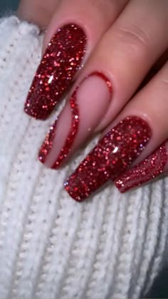 Red Sparkly Valentines Day Nails, Red Sparkle Nails Acrylic Christmas, New Year Nails Design 2022 Red, Red Nail Designs Sparkly, Red Ball Nails, Red Sparkly Prom Nails, Wine Red Prom Nails, Sparkling Red Nails, Red And Silver Nail Designs For Prom