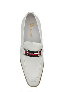 Calfskin Slip-On Horsebit Loafer White Stunning Burnished Textured Calfskin slip-on Loafer from our Exclusive Maurice collection features Silvertone Horsebit Buckle over Tri Colored Ribbon, full Leather Lining, a clean welt and a Lightweight Tri Colored Rubber Sole! More sizes to arrive by the end of October. Classic White Slip-ons With Flat Heel, White Pointed Toe Slip-ons For Work, White Leather Slip-ons For Office, Elegant White Slip-ons For Office, White Almond Toe Slip-ons For Business, Elegant White Leather Slip-ons, White Flat Heel Dress Shoes For Business, Classic White Almond Toe Slip-ons, White Fitted Round Toe Loafers