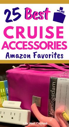 the 25 best cruise accessories for amazon's favorite passengers are on display in front of a pink bag