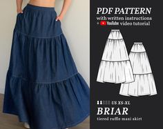 PDF Digital Sewing Pattern for the Briar Ruffle Tiered Maxi Skirt  This perfectly easy yet perfectly romantic tiered ruffle skirt has all the pretty little design details needed for the perfect base to your outfit.  The sewing video tutorial is available on the Dressmaking Amóre YouTube channel.  What's Included:  5 sizes in NESTED format: XS-XL (see size chart in listing photos) A4/Letter file format A0 Copyshop file format Photo + written instructions in booklet (only in English)  Complexity l Long Skirts Patterns, Sew Womens Clothes, Simple Sew Patterns, Dress Patterns Beginner, Begginer Sewing Patterns, Long Skirt Sewing Pattern Free, Linen Skirt Sewing Pattern, Hippie Sewing Patterns, Sewing Ideas For Beginners Clothes