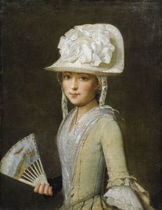 a painting of a woman holding a fan and wearing a white hat with flowers on it