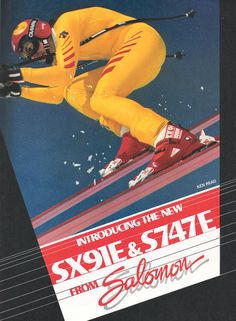 an advertisement for skis and snowboards with a man in yellow skiing down the slope