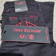 Brand New True Religion Manchester United Denim Collection. Black Rocco Relaxed Skinny Jeans With Bold Red Rivets And Stitching. Future Wardrobe, Future Clothes, Denim Collection, Night Aesthetic, Jeans Color, Christmas Wishlist, Rivets, True Religion, Kids Bottoms