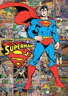 a superman poster with many different comics on it