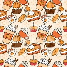 cupcakes, muffins and coffee on a polka dot background seamless