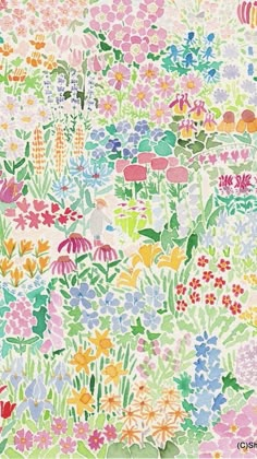 an image of colorful flowers and plants on white paper with green, pink, blue, yellow