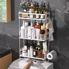 a bathroom shelf filled with lots of toiletries