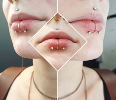 three different pictures of the same person with piercings on their ears and nose rings