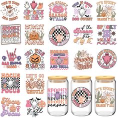 some jars with stickers on them sitting in front of a white background that says halloween