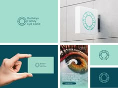 the eye clinic logo and business cards are displayed in this collage with images of an eye