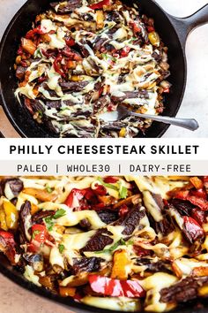 a skillet filled with cheese and vegetables on top of a counter next to the words phily cheesesteak skillet