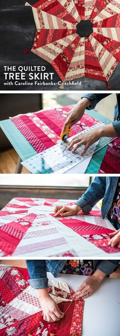 the quilted tree skirt is being sewn on by someone using scissors and thread