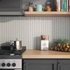 Herringbone Mosaic Tile Vintage Pearl White installed on a kitchen backsplash Grey Island, Splashback Ideas, Herringbone Mosaic Tile, Color Floor, Wall Mosaic, Ceramic Mosaic Tile, Herringbone Floor, Herringbone Tile, Tile Stores