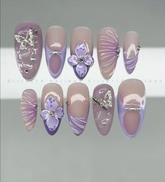 Diy Rhinestone Nails, Purple Chrome Nails, Nail Long, Deco Nails, Luv Nails, Indian Nails, Korean Nail, Fake Nails Designs, Lilac Nails