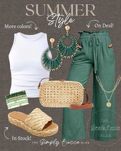 Check out this photo from influencer-2e740214 Summer Out To Dinner Outfit, Summer Errands Outfit, Summer Outfits Plus, Look Boho Chic, Summer Outfits For Moms, Mode Casual, Casual Chic Outfit, Green Pants, Looks Chic