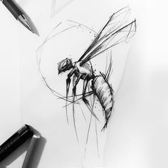 a pencil drawing of a bee on top of a piece of paper next to some pens