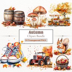 watercolor autumn clipart bundle with pumpkins, mushrooms, and other fall items