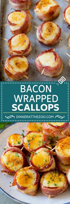 bacon wrapped scallops on a baking sheet with text overlay that reads, bacon wrapped scallops