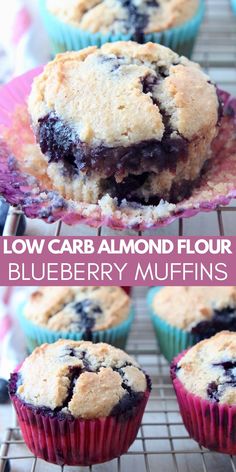 blueberry muffins cooling on a rack with the words low carb almond flour