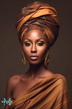 an african woman wearing a head wrap and gold jewelry on her face, in front of a brown background