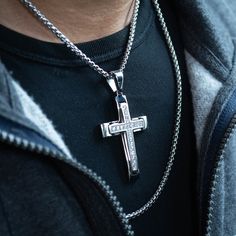 With sophistication and meaning, this men’s diamond cross pendant is a look you’ll turn to day after day. Stainless steel The sleek cross design is lined with diamonds along the center Polished and satin finishes add texture and contrast 1 ct. t.w. of diamonds 24.0-inch box chain; lobster claw clasp Silver Diamond Cross Necklace, 2025 Prayer, Mens Cross Necklace, Mens Silver Jewelry, Mens Crosses, Diamond Cross Pendants, Prayer Board, Diamond Cross, Cross Design