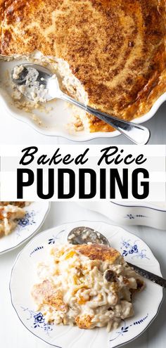 baked rice pudding on a plate with a serving spoon and bowl in the background text reads baked rice pudding