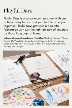 an advertisement for playful days with children's artwork and craft supplies on the table