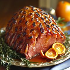 a piece of meat on a plate with oranges and rosemary garnishes