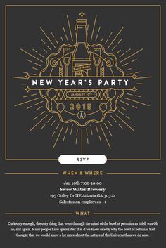 the new year's party flyer with an image of a bottle and glasses on it