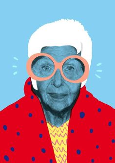 an old woman wearing glasses and a red jacket with polka dots on it's sleeves