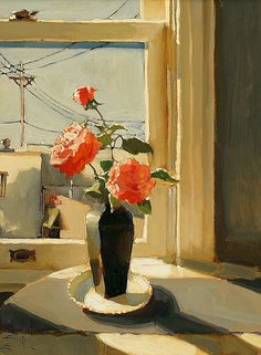 a painting of roses in a vase on a table near a window with a view