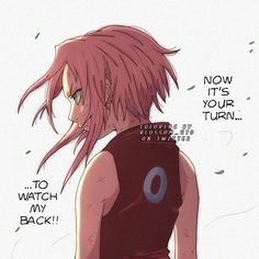 an anime character with pink hair wearing a tank top and looking down at the ground