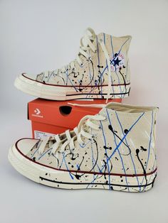 WORE THEM 2 TIMES THEY ARE TO BIG FOR ME. LIKE NEW WITH BOX Converse Chuck 70 Hi Paint Splatter Chuck Taylor All Star Unisex Shoes Egret. White Leather Converse, Painted Converse, White High Top Converse, Leather Converse, Vans Converse, Converse White, Converse Chuck 70, White Converse, Cool Shoes