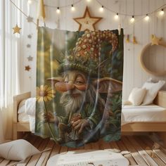 a shower curtain with an image of a gnome holding a flower in front of a bed