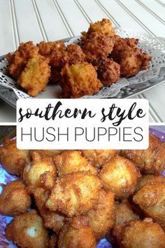 two pictures with different types of hush puppies on them and the words southern style hush puppies