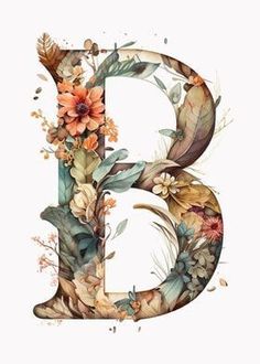 the letter b is decorated with flowers and leaves