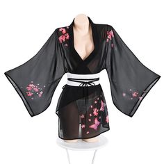 Fun Lingerie Japanese Style Retro Cherry Blossom Kimono Set Black One Size Cherry Blossom Kimono, Retro Cherry, Kimono Set, Kimono Design, Clothing Design Sketches, Clothing Design, Cherry Blossoms, Japanese Style, Style Retro