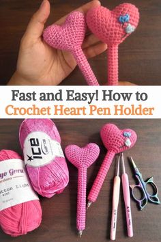 the crochet heart pen holder is made with pink yarn and has two hearts on it