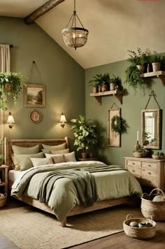 a bedroom with green walls and lots of potted plants