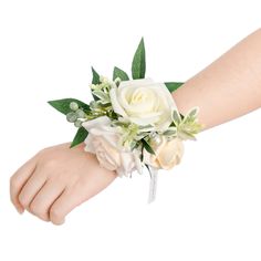 PRICES MAY VARY. 50% Foam, 50% Silk Imported Package Details: Set of 6 corsages, each approx 5.8" dia. Wrist corsage with beige cotton bands, easy to wear, comfortable, and firm, fits most wrist sizes. Material:The elegant wrist corsage is made up of artificial cream heirloom rose, ivory rose, cream rose-bud and euphorbia marginata, accented with Rosa Banksiae leaves, silver brunia and pearl. Occasions: Perfect for wedding, prom, bridal party, snapshot, photograph props for new dad and mom, gran Corsages For Wedding, Diy Wrist Corsage, Wrist Corsage Bracelet, White Corsage, Prom Corsages, Diy Corsage, Wrist Corsages, Bridesmaid Corsage, Rose Corsage