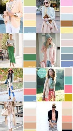 many different colors are shown in this collage, including pinks and green tones