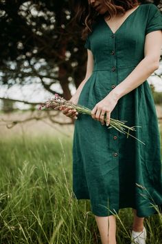 Linen Dress for Women With Wooden Buttons A Silhouette - Etsy Green Buttoned Dress For Garden Party, Green Linen Dress For Garden Party, Fitted Green Linen Midi Dress, Green Linen Dress With Buttons, Elegant Fitted Green Linen Dress, Green Fitted Linen Dress, Green Linen Knee-length Midi Dress, Elegant Green Midi Length Linen Dress, Green A-line Linen Midi Dress