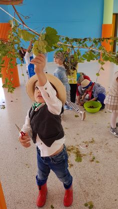 a little boy holding up a bunch of grapes in his hand while standing next to other children