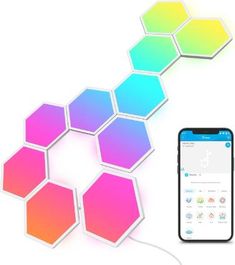 the phone is next to an array of colorful hexagonals on a white background