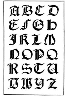 an old english alphabet with the letters and numbers in black ink on a white background