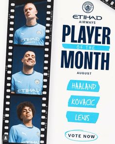 an advertisement for the manchester city player of the month award is shown in front of a film strip