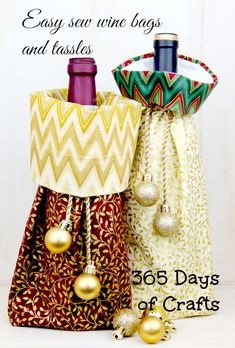 two wine bags with ornaments on them and the words easy sew wine bags and tassels