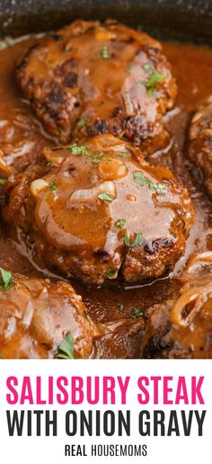 salisbury steak with onion gravy in a cast iron skillet and text overlay